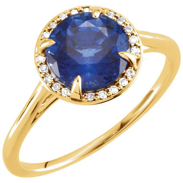 14k Gold Lab Grown 8mm Round Blue Sapphire .05CTW Diamond Halo Ring-71632:104:P-Chris's Jewelry