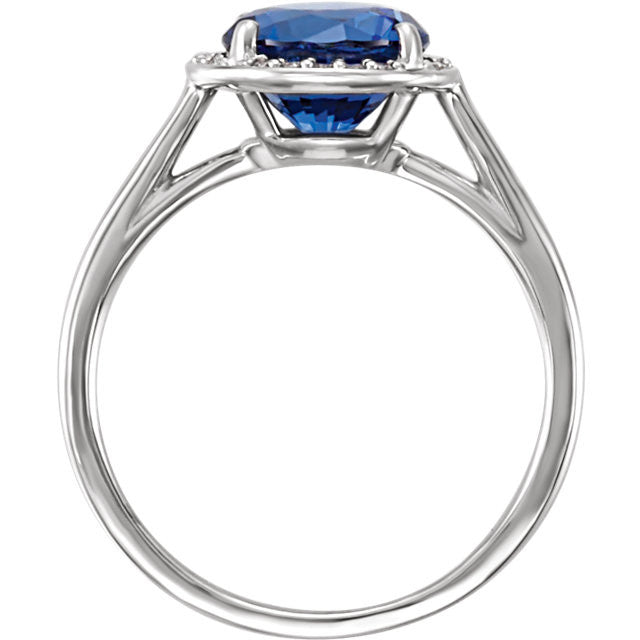 14k Gold Lab Grown 8mm Round Blue Sapphire .05CTW Diamond Halo Ring-Chris's Jewelry