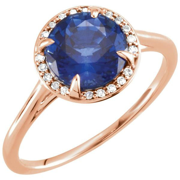 14k Gold Lab Grown 8mm Round Blue Sapphire .05CTW Diamond Halo Ring-71632:106:P-Chris's Jewelry