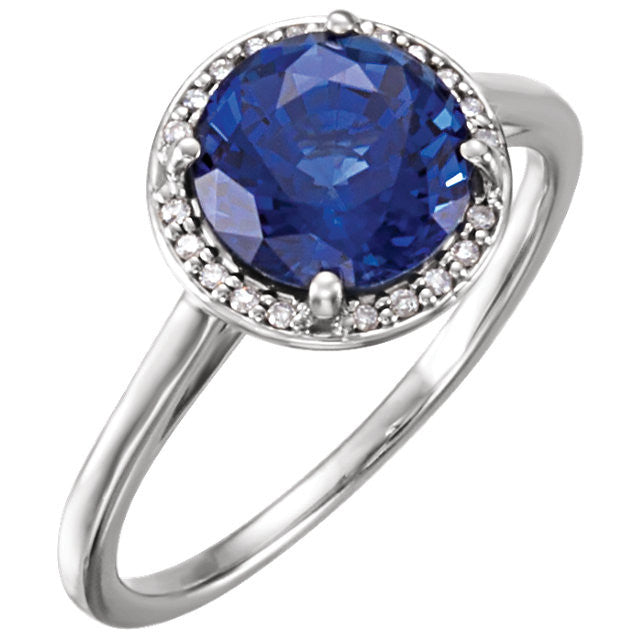 14k Gold Lab Grown 8mm Round Blue Sapphire .05CTW Diamond Halo Ring-71632:105:P-Chris's Jewelry