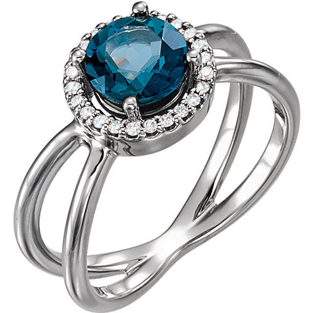 14k Gold London Blue Topaz & 1/8 CTW Diamond Halo-Style X Band Ring-71822:600:P-Chris's Jewelry