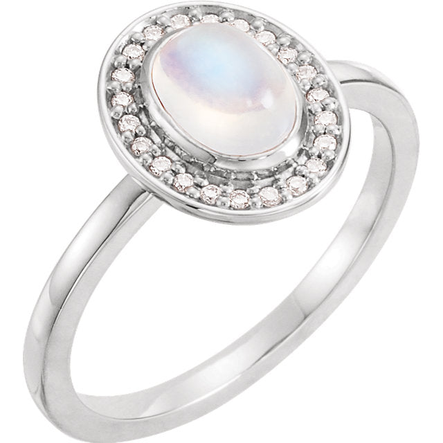 14k Gold Oval Rainbow Moonstone Diamond Halo Ring - White, Yellow or Rose or Platinum-71821:640:P-Chris's Jewelry