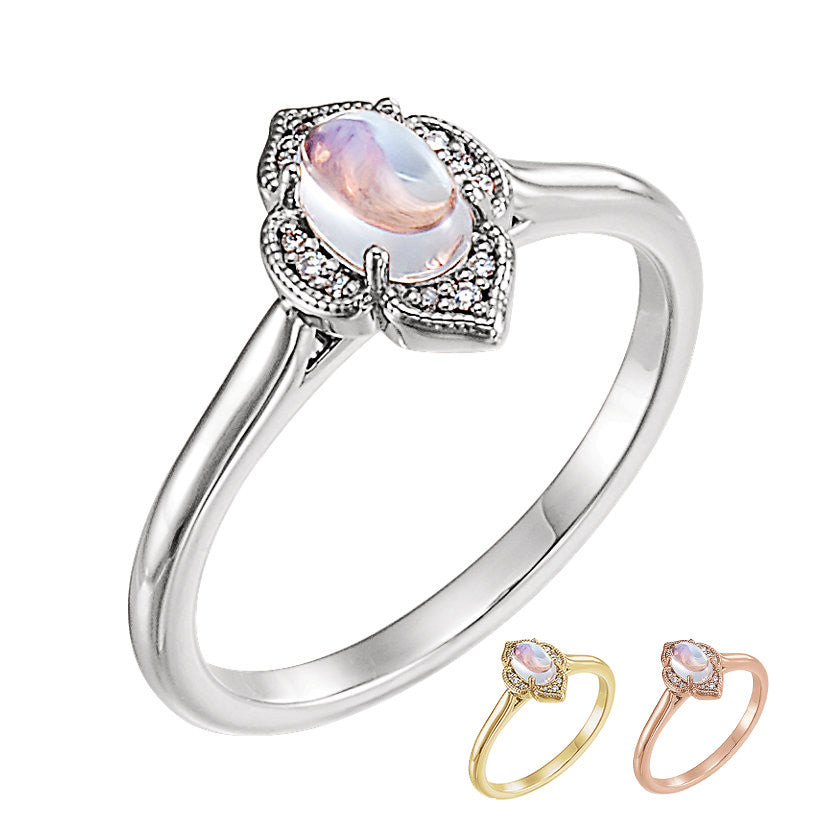 14k Gold Rainbow Moonstone and .03 CTW Diamond Clover Ring-Chris's Jewelry
