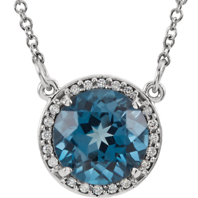 14k Gold Round London Blue Topaz & .05 CTW Diamond Halo Necklace-85905:639:P-Chris's Jewelry
