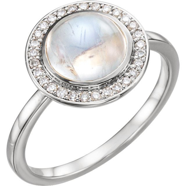 14k Gold Round Rainbow Moonstone Diamond Halo Ring - White, Yellow or Rose or Platinum-71821:609:P-Chris's Jewelry