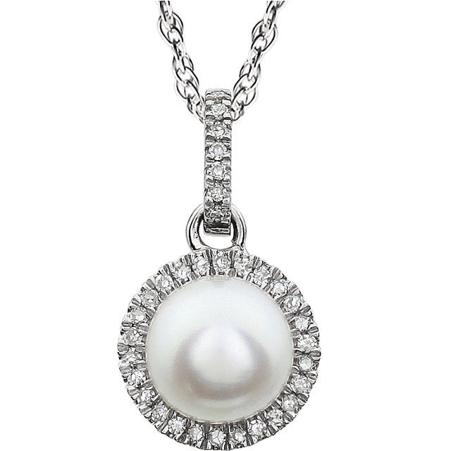 14k White Freshwater Cultured Pearl & Diamond Halo 18" Necklace-651301:70001:P-Chris's Jewelry