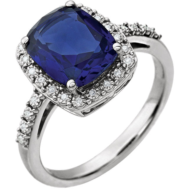 14k White Gold 10x8 Antique Cushion Created Blue Sapphire & Diamond Halo Ring-651426:70002:P-Chris's Jewelry