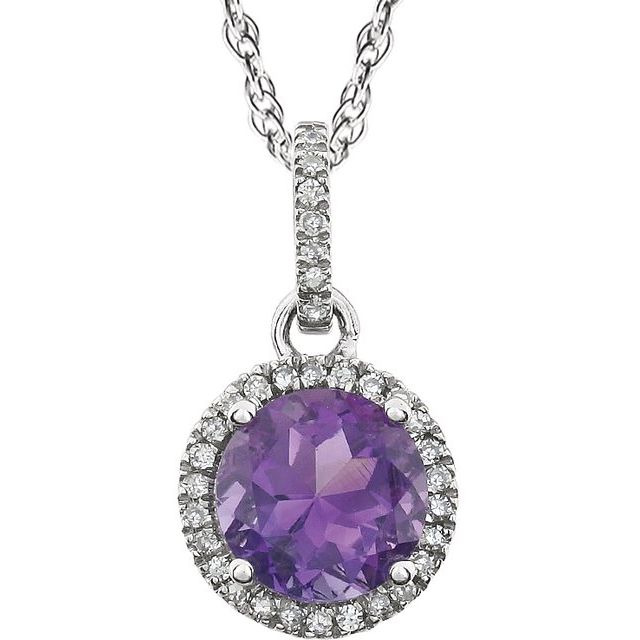 14k White Gold 7mm Gemstone & Diamond Halo Necklace-651301:70002:P-Chris's Jewelry