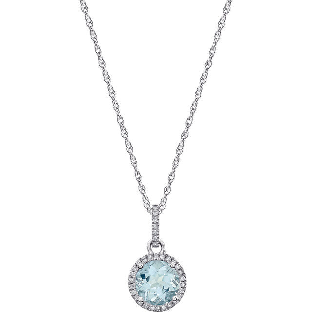 14k White Gold 8mm Round Gemstone & Diamond Halo Necklace-Chris's Jewelry