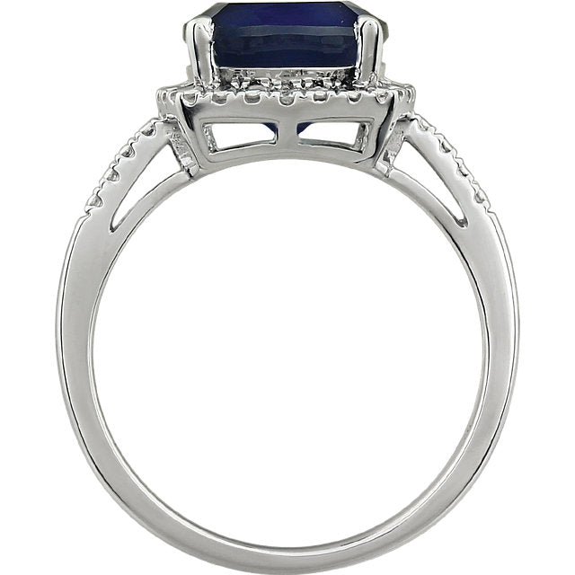 14k White Gold 9mm Cushion Cut Created Blue Sapphire & Diamond Halo-Style Ring-651604:104:P-Chris's Jewelry