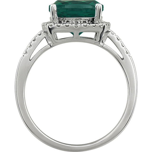 14k White Gold 9mm Cushion Cut Created Emerald & Diamond Halo-Style Ring-651604:102:P-Chris's Jewelry