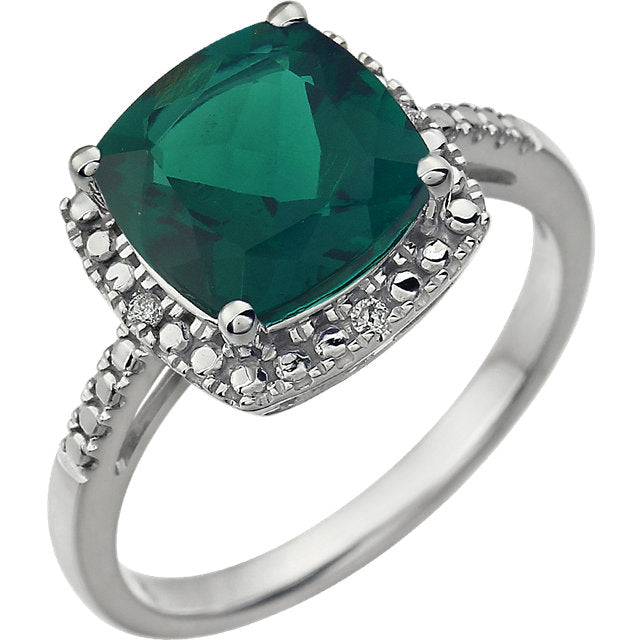 14k White Gold 9mm Cushion Cut Created Emerald & Diamond Halo-Style Ring-651604:102:P-Chris's Jewelry
