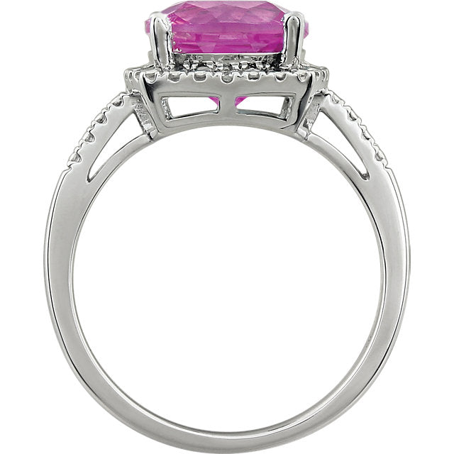 14k White Gold 9mm Cushion Cut Created Pink Sapphire & Diamond Halo-Style Ring-651604:103:P-Chris's Jewelry