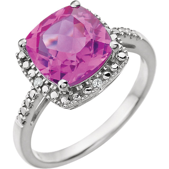 14k White Gold 9mm Cushion Cut Created Pink Sapphire & Diamond Halo-Style Ring-651604:103:P-Chris's Jewelry