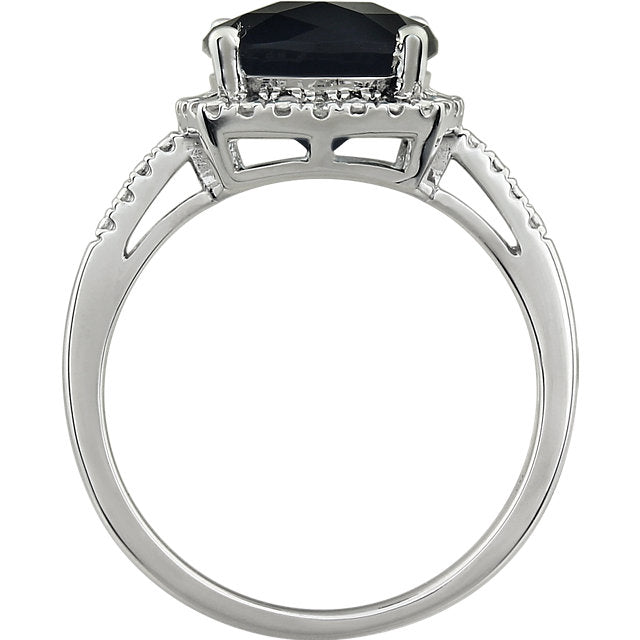 14k White Gold 9mm Cushion Cut Onyx & Diamond Halo-Style Ring-651604:106:P-Chris's Jewelry