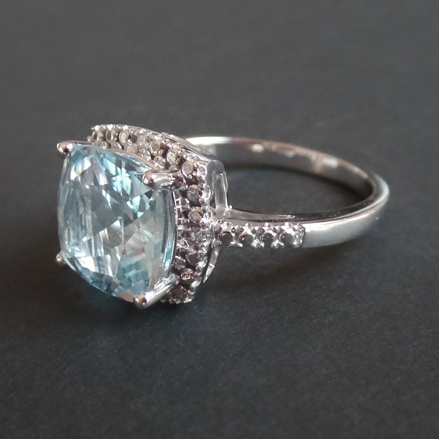 14k White Gold 9mm Cushion Cut Sky Blue Topaz Diamond Halo-Style Ring