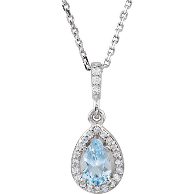 14k White Gold Aquamarine Pear Teardrop & Diamond Halo Necklace-85307:70000:P-Chris's Jewelry