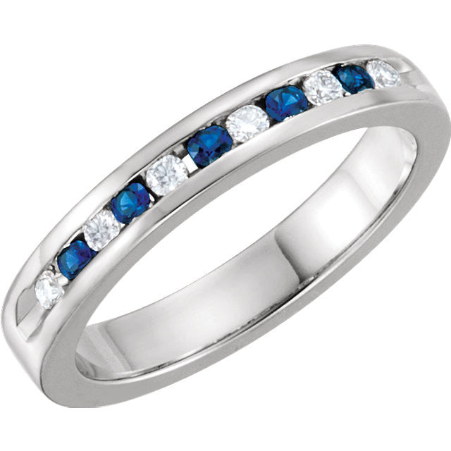 14k White Gold Channel Set Genuine Blue Sapphire & 1/8 CTW Diamond Wedding Anniversary Band-Chris's Jewelry