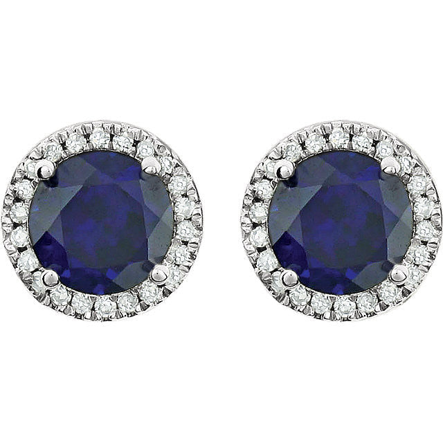 14k White Gold Created Sapphire & 1/8 CTW Diamond Halo Earrings-651302:70008:P-Chris's Jewelry