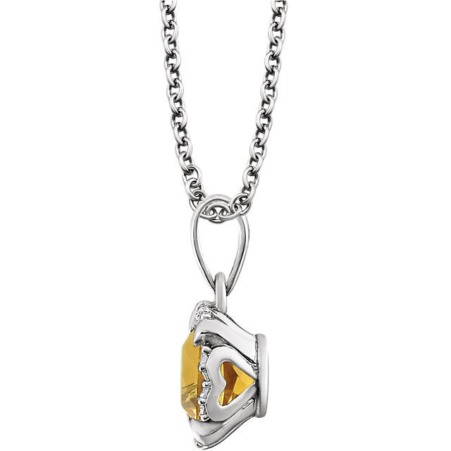 14k White Gold Cushion Citrine & .05 CTW Diamond Halo 18" Necklace-651953:60011:P-Chris's Jewelry