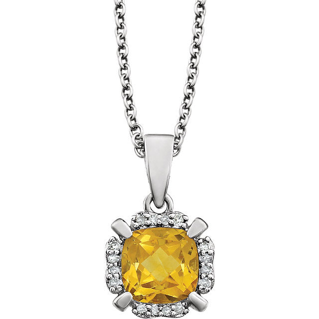 14k White Gold Cushion Citrine & .05 CTW Diamond Halo 18" Necklace-651953:60011:P-Chris's Jewelry