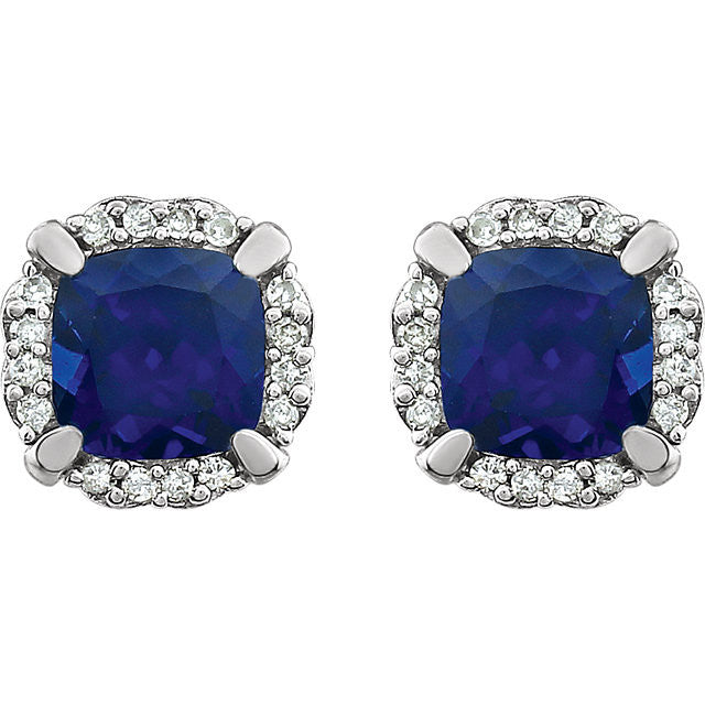 14k White Gold Cushion Created Blue Sapphire & 1/10 CTW Diamond Halo Earrings-651954:60009:P-Chris's Jewelry