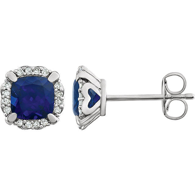 14k White Gold Cushion Created Blue Sapphire & 1/10 CTW Diamond Halo Earrings-651954:60009:P-Chris's Jewelry