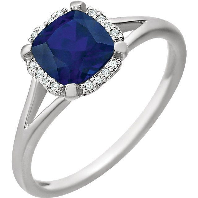14k White Gold Cushion Created Blue Sapphire & .05 CTW Diamond Halo Ring-651952:60009:P-Chris's Jewelry