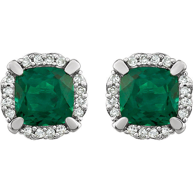 14k White Gold Cushion Created Emerald & 1/10 CTW Diamond Halo Earrings-651954:60005:P-Chris's Jewelry