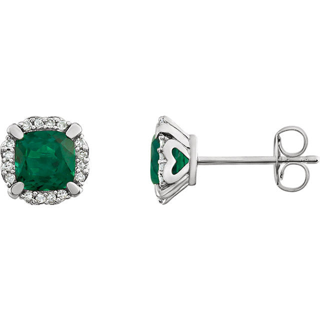 14k White Gold Cushion Created Emerald & 1/10 CTW Diamond Halo Earrings-651954:60005:P-Chris's Jewelry