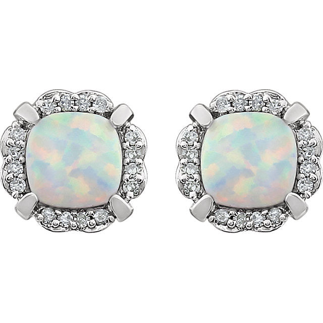 14k White Gold Cushion Created Opal & 1/10 CTW Diamond Halo Earrings-651954:60006:P-Chris's Jewelry