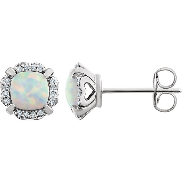 14k White Gold Cushion Created Opal & 1/10 CTW Diamond Halo Earrings-651954:60006:P-Chris's Jewelry