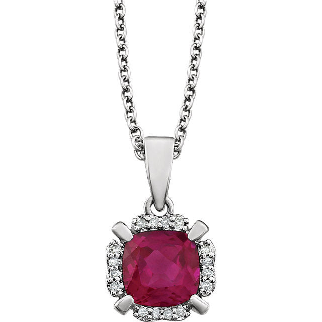 14k White Gold Cushion Created Ruby & Diamond Halo 18" Necklace-651953:60007:P-Chris's Jewelry