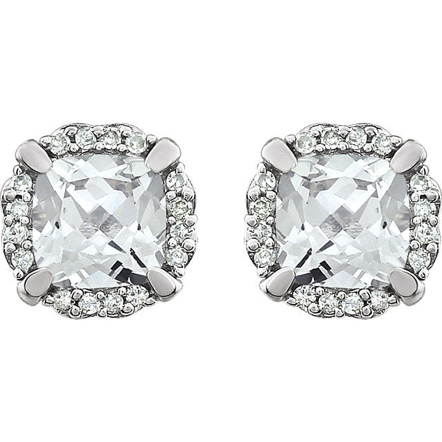 14k White Gold Cushion Created White Sapphire & 1/10 CTW Diamond Halo Earrings-651954:60004:P-Chris's Jewelry