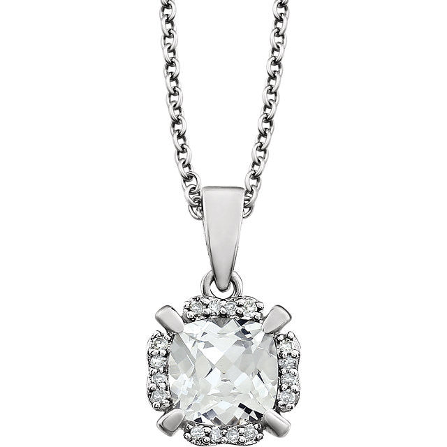 14k White Gold Cushion Created White Sapphire & Diamond Halo 18" Necklace-651953:60004:P-Chris's Jewelry