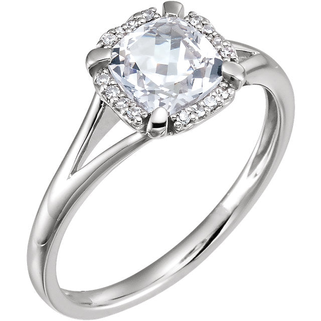 14k White Gold Cushion Created White Sapphire & .05 CTW Diamond Halo Ring-651952:60004:P-Chris's Jewelry