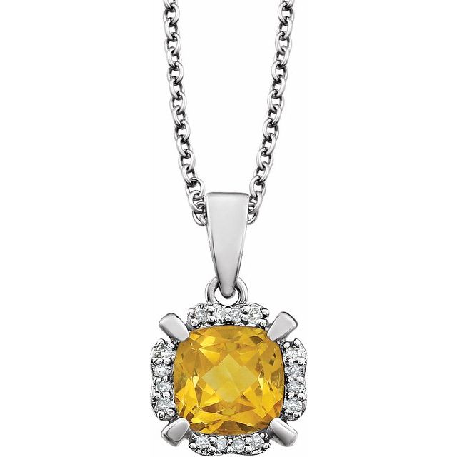 14k White Gold Cushion Gemstone & .05 CTW Diamond Halo 18" Necklaces-651953:60011:P-Chris's Jewelry