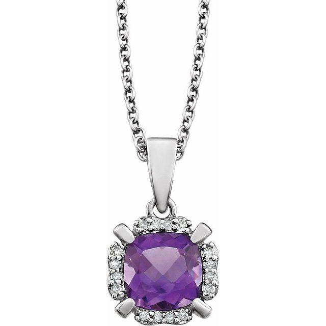 14k White Gold Cushion Gemstone & .05 CTW Diamond Halo 18" Necklaces-651953:60002:P-Chris's Jewelry