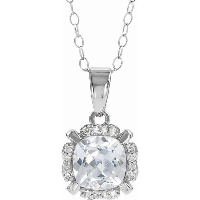 14k White Gold Cushion Gemstone & .05 CTW Diamond Halo 18" Necklaces-651953:60004:P-Chris's Jewelry