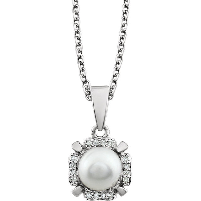 14k White Gold Freshwater Cultured Pearl & Diamond Halo 18" Necklace-651953:60006:P-Chris's Jewelry