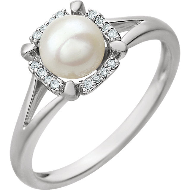 14k White Gold Freshwater Pearl & .05 CTW Diamond Halo Ring-Chris's Jewelry