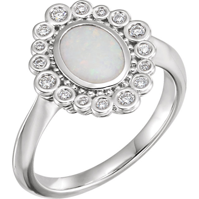 14k White Gold Oval Bezel Set Genuine Opal & 1/6 CTW Diamond Halo Ring-71954:605:P-Chris's Jewelry