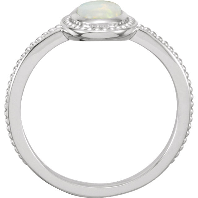 14k White Gold Oval Genuine Australian Opal Cabochon Beaded Ring-71591:70000:P-Chris's Jewelry
