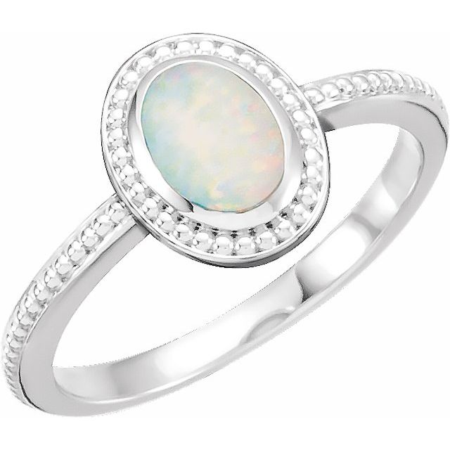 14k White Gold Oval Genuine Australian Opal Cabochon Beaded Ring-71591:70000:P-Chris's Jewelry