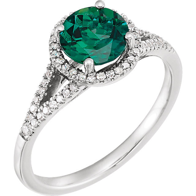 14k White Gold Round Created Emerald & 1/5 CTW Diamond Halo Ring-651300:70005:P-Chris's Jewelry
