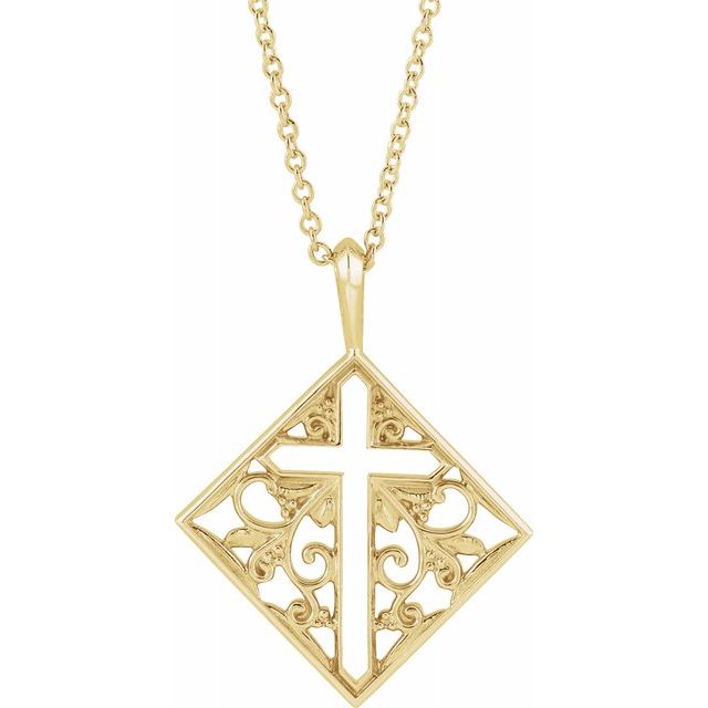 14k Yellow Gold Ornate Pierced Cross 16-18" Necklace-R42397:107:P-Chris's Jewelry