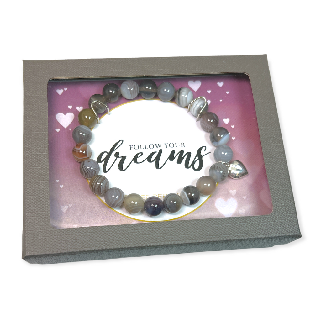 Botswana Agate with Sterling Silver Heart Charm "Follow Your Dreams" Bracelet Gift Box-DBJ-RTW-0017-PBWSS-Chris's Jewelry