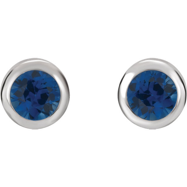 Created Blue Sapphire Bezel Set 4mm Round Earrings - 14k White or Yellow Gold-Chris's Jewelry