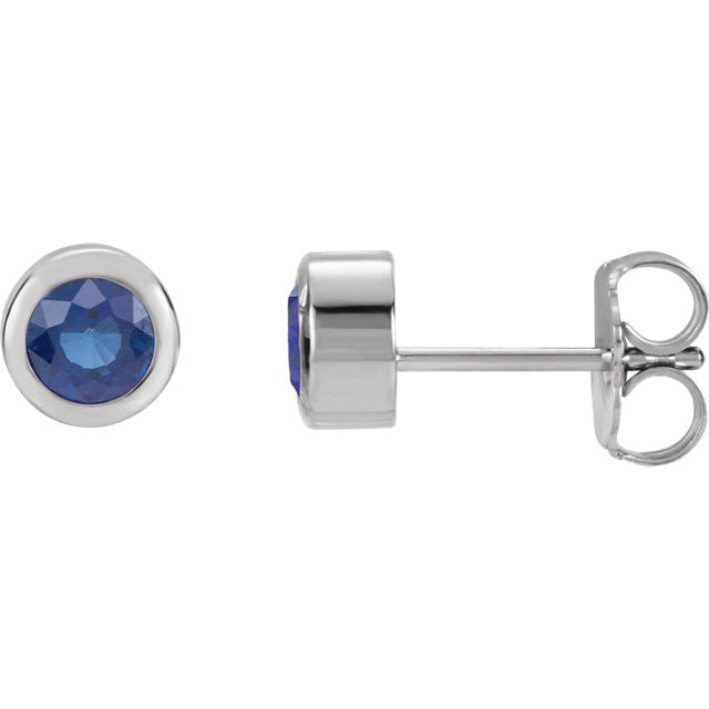 Created Blue Sapphire Bezel Set 4mm Round Earrings - 14k White or Yellow Gold-61086:60027:P-Chris's Jewelry