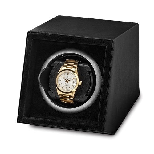 Luxury Giftware Black Faux Leather Acrylic Window Single Watch Winder-JWW711-BL-Chris's Jewelry